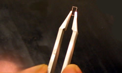 This is a 2mmx4mm micro solid etalon, held in plastic tweezers Image for micro-etalon-tweezersjpg